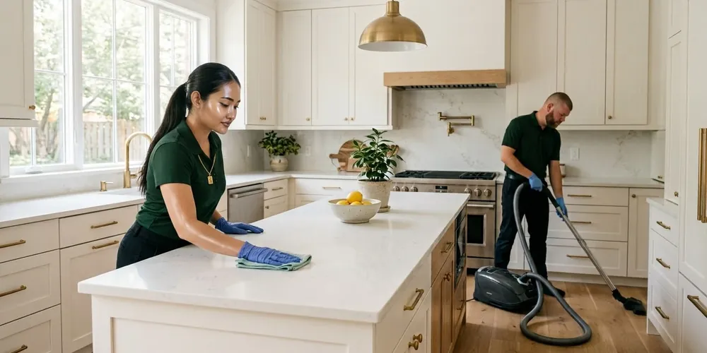 Two-person team cleaning a bright residential kitchen — PURE interior sanitation service